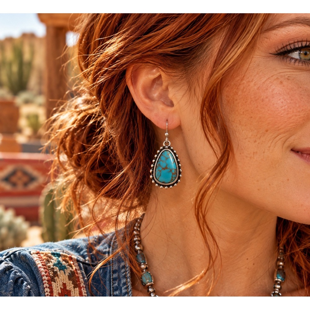 Western Turquoise Style Teardrop Dangle Earrings Silver Tone Beaded Border New